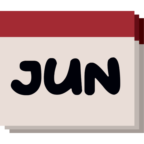 A simple, stylized representation of a calendar page. The main section of the calendar is a light gray square with the letters 'JUN' printed in large, bold, black font, indicating the month of June. Above this, there is a horizontal maroon header. Behind the front page, there are two additional pages slightly offset to the right and down.